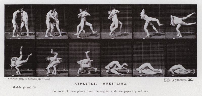 Den menneskelige figuren i bevegelse: idrettsutøvere, bryting (s/hvitt-bilde) av Eadweard Muybridge