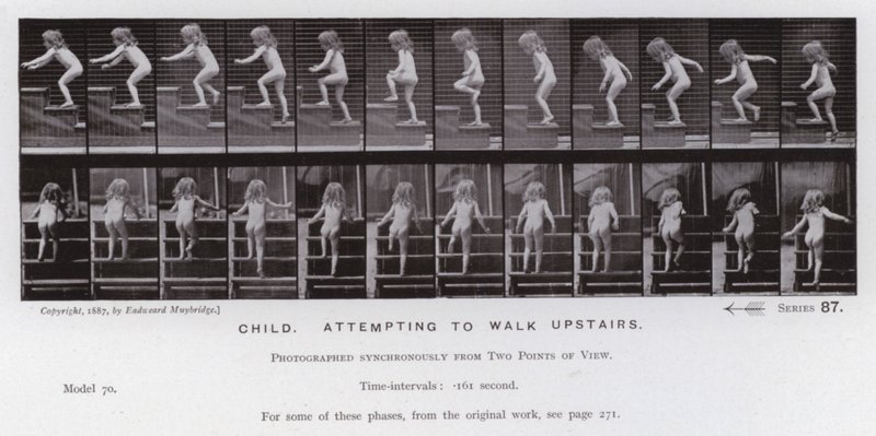 The Human Figure in Motion: Barn, prøver å gå ovenpå (s/hvitt-bilde) av Eadweard Muybridge