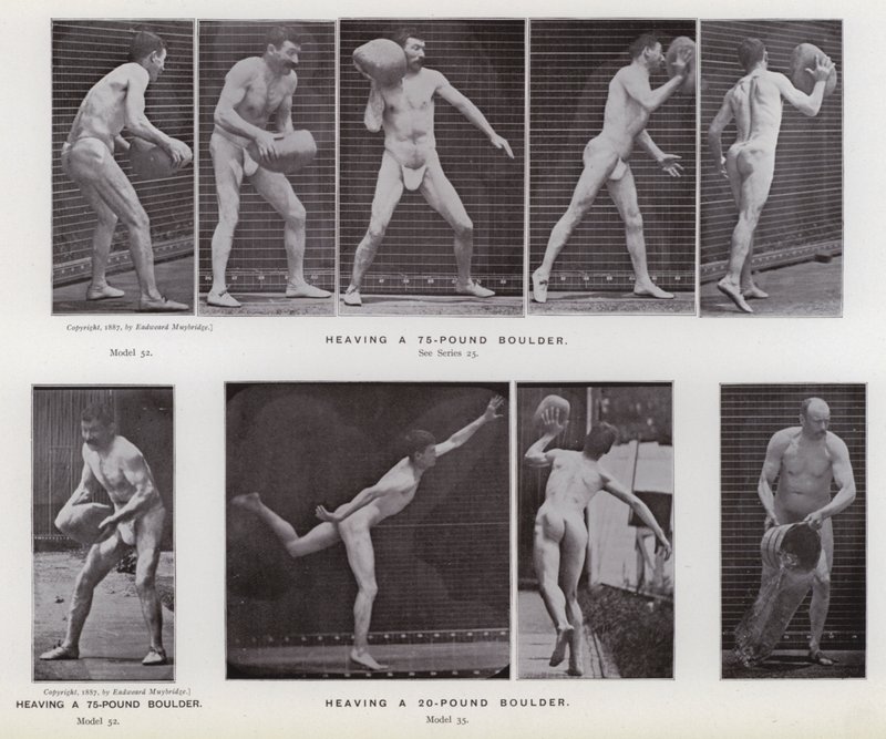 Den menneskelige figuren i bevegelse: Heaving en 75-punds steinblokk; Heving en 20-punds steinblokk (s/hvitt-bilde) av Eadweard Muybridge