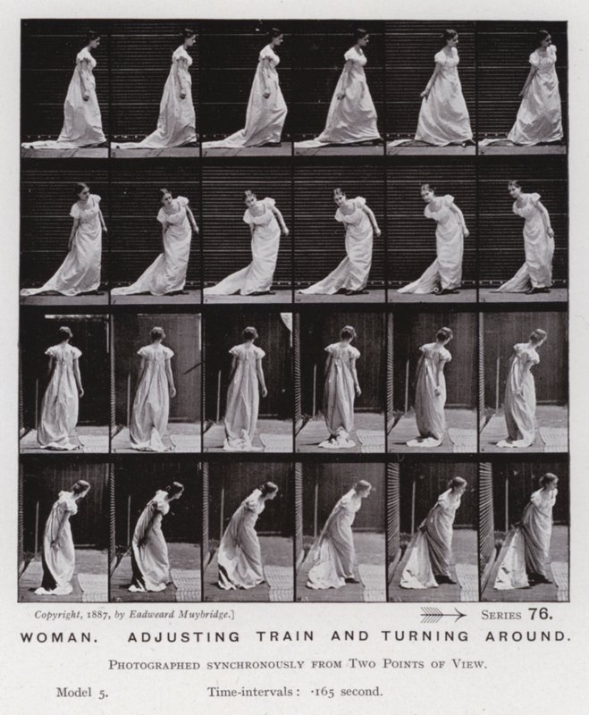 Den menneskelige figuren i bevegelse: Kvinne, justerer tog og snur (s/hvitt-bilde) av Eadweard Muybridge
