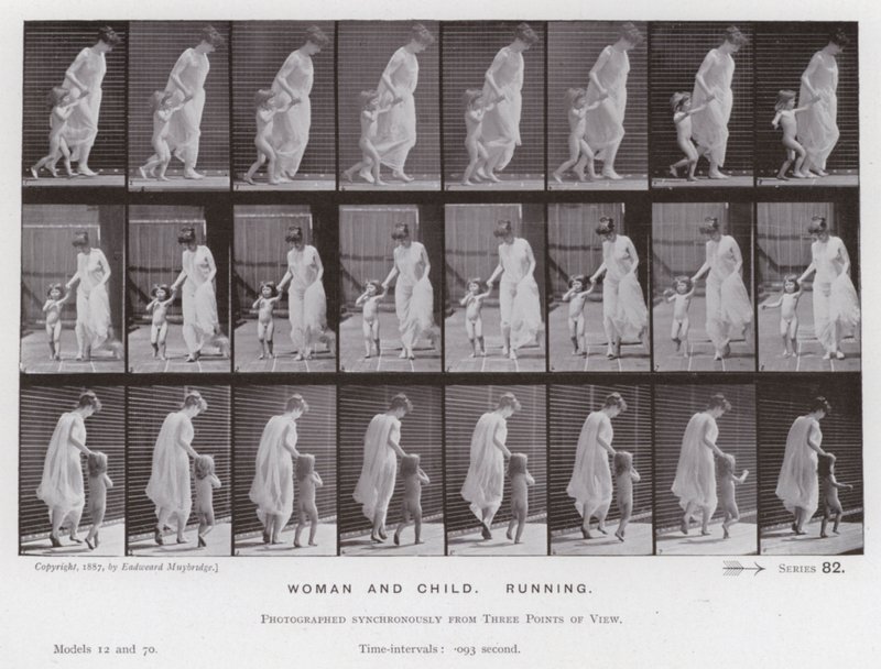 Den menneskelige figuren i bevegelse: Kvinne og barn, løping av Eadweard Muybridge
