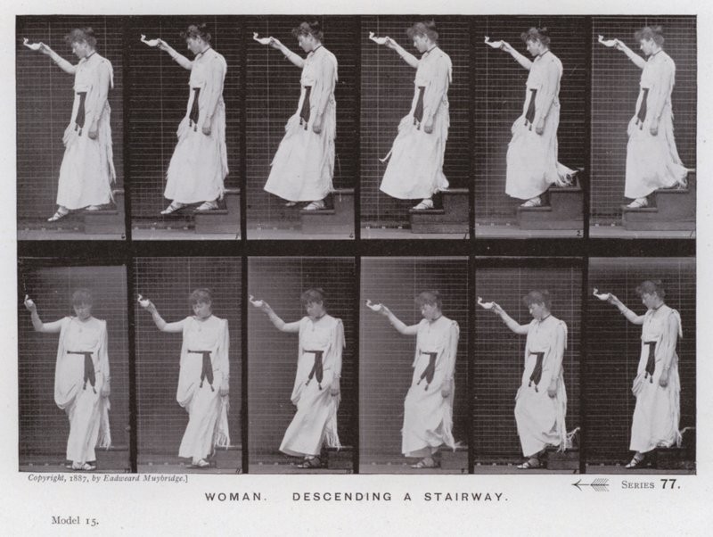 Den menneskelige figuren i bevegelse: Kvinne, går ned en trapp (s/hvitt-bilde) av Eadweard Muybridge