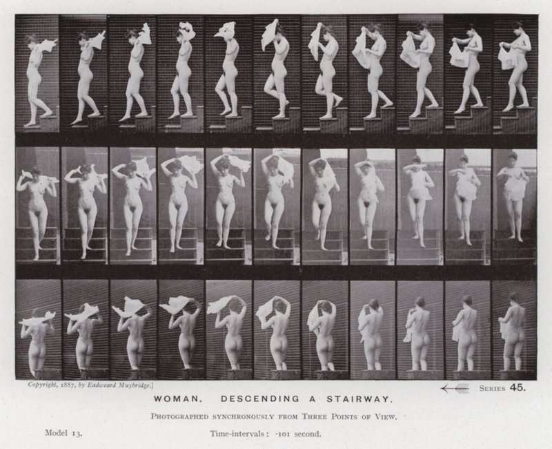 Den menneskelige figuren i bevegelse: Kvinne, går ned en trapp (s/hvitt-bilde) av Eadweard Muybridge