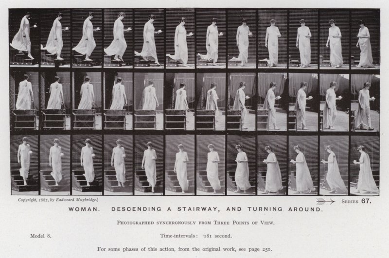 Den menneskelige figuren i bevegelse: Kvinne, går ned en trapp og snur seg (s/hvitt-bilde) av Eadweard Muybridge