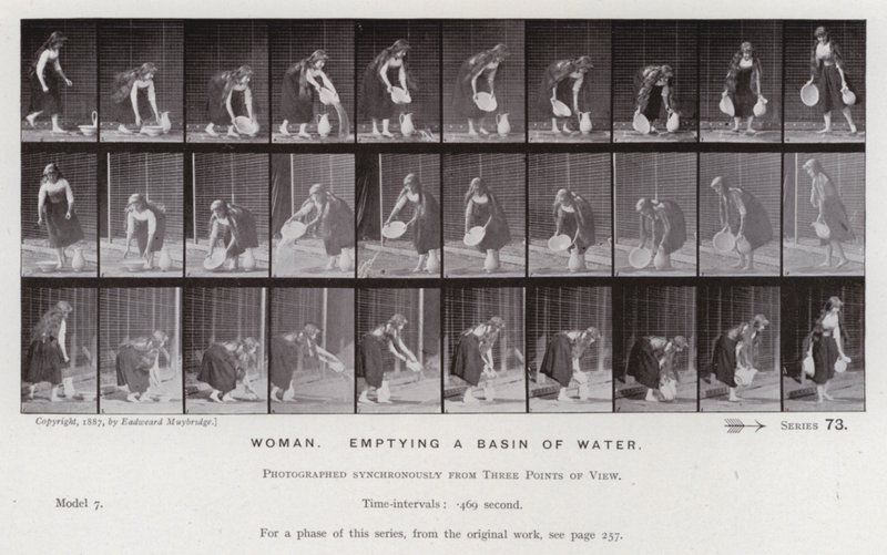 Den menneskelige figuren i bevegelse: Kvinne som tømmer et basseng med vann (s/hvitt-bilde) av Eadweard Muybridge