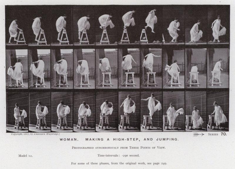 The Human Figure in Motion: Kvinne, tar et høyt skritt og hopper (s/hvitt-bilde) av Eadweard Muybridge