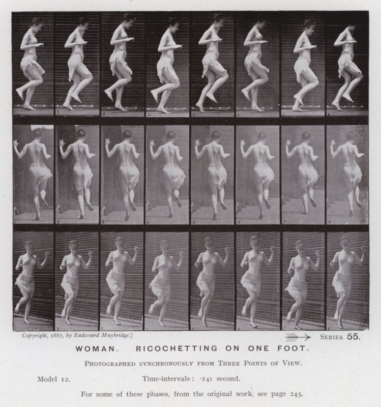 Den menneskelige figuren i bevegelse: Kvinne, rikosjetterende på en fot (s/hvitt-bilde) av Eadweard Muybridge