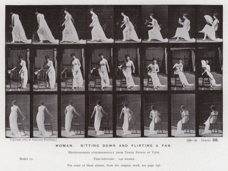 The Human Figure in Motion: Kvinne som setter seg ned og flørter en fan (s/hvitt-bilde) av Eadweard Muybridge