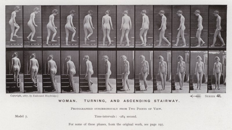 Den menneskelige figuren i bevegelse: kvinne, svingende og stigende trapp (s/hvitt-bilde) av Eadweard Muybridge