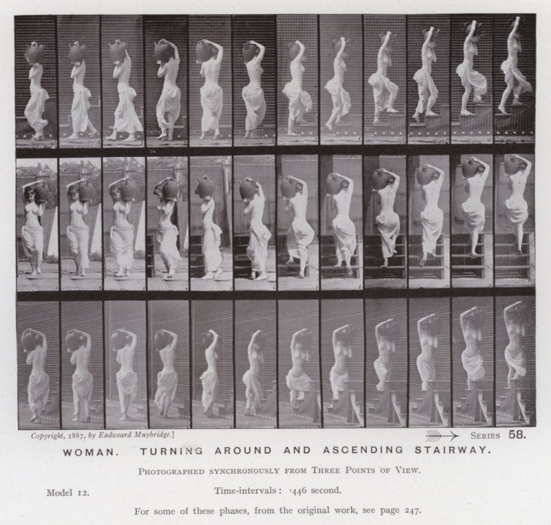 Den menneskelige figuren i bevegelse: Kvinne, snur seg og går opp i trappen (s/hvitt-bilde) av Eadweard Muybridge