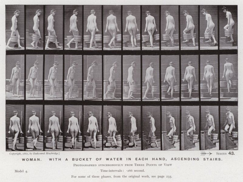 Den menneskelige figuren i bevegelse: Kvinne, med en bøtte med vann i hver hånd, stiger opp trapper av Eadweard Muybridge