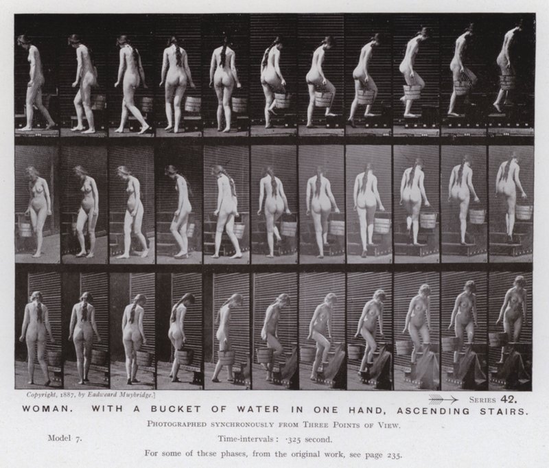 Den menneskelige figuren i bevegelse: Kvinne, med en bøtte med vann i den ene hånden, stiger opp trapper (s/hv-bilde) av Eadweard Muybridge