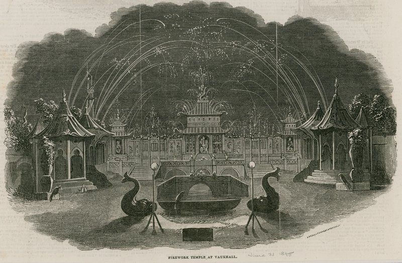 Fyrverkeri tempel ved Royal Vauxhall Gardens, London av Ebenezer Landells