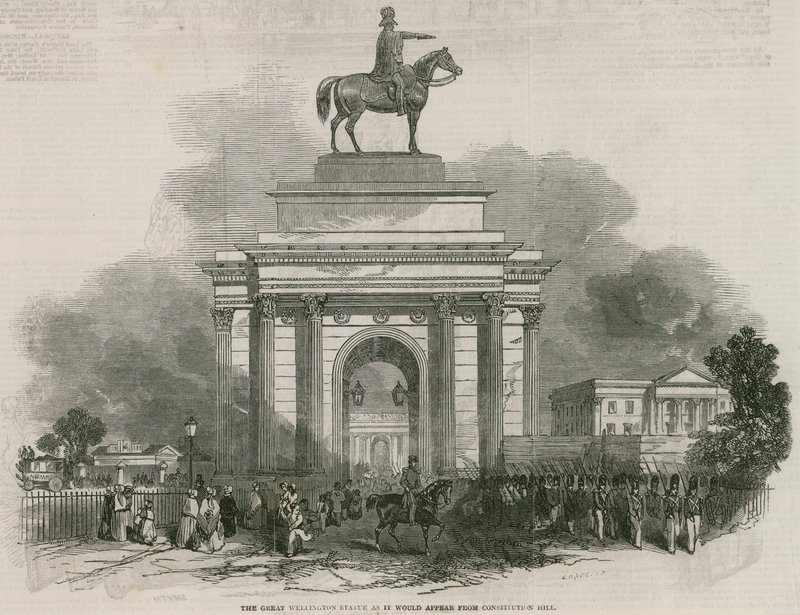 Den store Wellington-statuen og buen slik den ser ut fra Constitution Hill av Ebenezer Landells