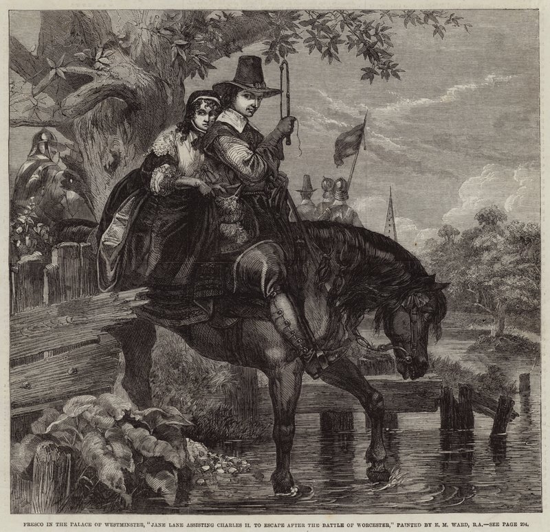 Jane Lane hjelper Charles II med å rømme etter slaget ved Worcester av Edgar Melville Ward