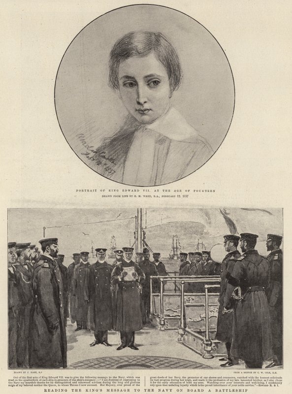 Portrett av kong Edward VII i en alder av fjorten år, mens han leste kongens melding til marinen om bord på et slagskip av Edgar Melville Ward