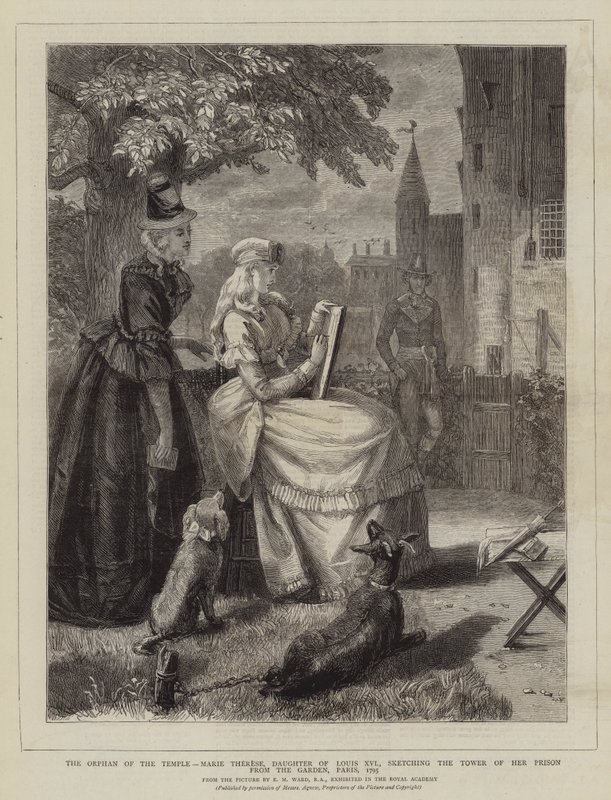 The Orphan of the Temple, Marie Therese, datter av Ludvig XVI, skisserer tårnet i fengselet hennes fra hagen, Paris, 1795 av Edgar Melville Ward