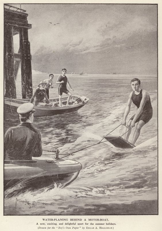 Vannplaning bak en motorbåt (litho) av Edgar Alfred (after) Holloway