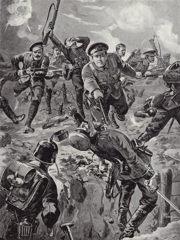 Korporal Joseph Davies og åtte menn dirigerte med bajonetter et parti tyskere som tidligere hadde omringet dem, Delville Wood, Frankrike, 20. juli 1916 av Edgar Alfred Holloway