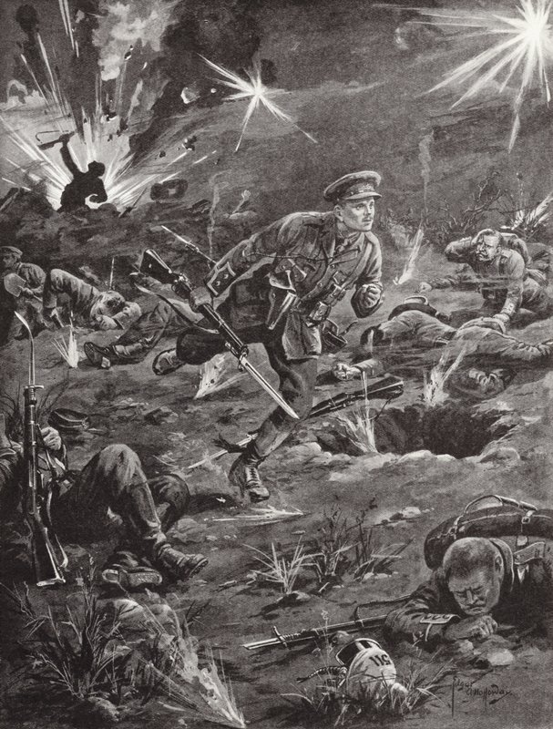 Løytnant Benjamin Geary skynder seg, under kraftig granatild, til en grøft til høyre for Hill 60 for å komme i kontakt med en offiser, Ypres, Belgia, april 1915 av Edgar Alfred Holloway