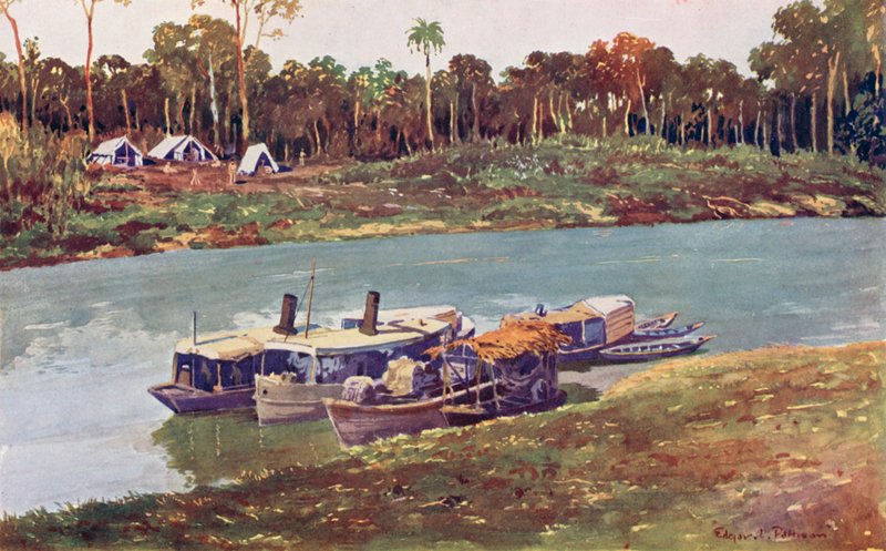 Et militært leirsted på en rekkevidde av øvre Amazonas, tre tusen miles fra havet (farge litho) av Edgar L. Pattison