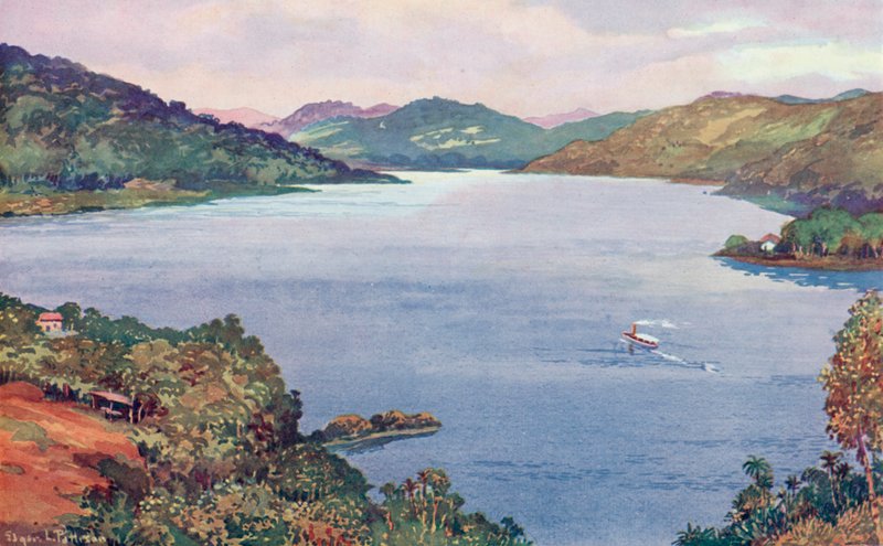 Et glimt av den store kunstige innsjøen ved Ribeirao das Lajes, bygget av Rio de Janeiro Tramway, Light and Power Company (farge litho) av Edgar L. Pattison