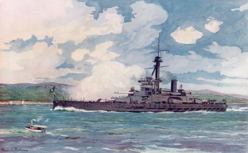 Den brasilianske Super-Dreadnought "Minas Geraes" nærmer seg Rio (farge litho) av Edgar L. Pattison