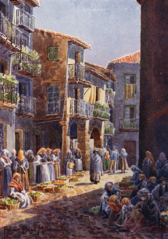 Nord-Spania: Bejar, et hjørne på markedsplassen (farge litho) av Edgar T. A. Wigram