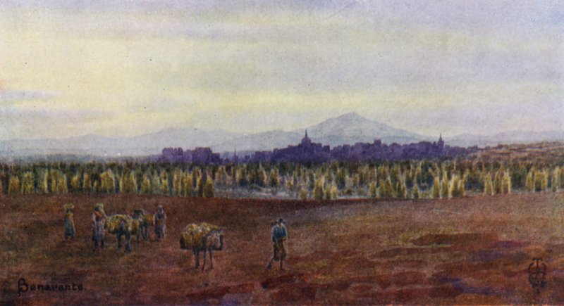 Nord-Spania: Benavente, fra over broen til Castro Gonzalo (farge litho) av Edgar T. A. Wigram