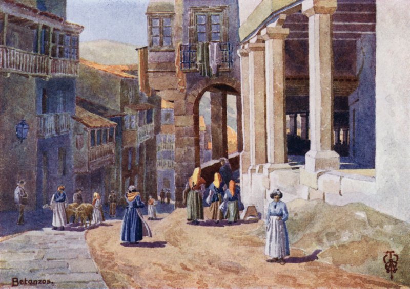 Nord-Spania: Betanzos, A Colonnaded Calle (farge litho) av Edgar T. A. Wigram