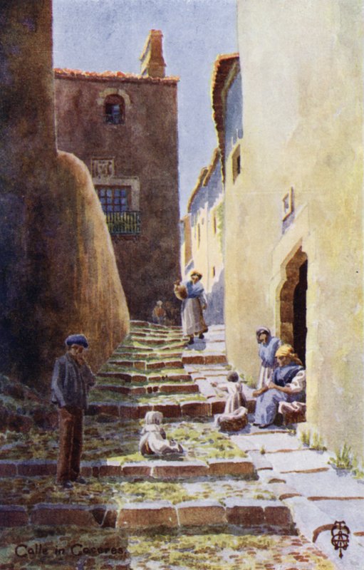 Nord-Spania: Caceres, Calle de la Cuesta de Aldana (farge litho) av Edgar T. A. Wigram