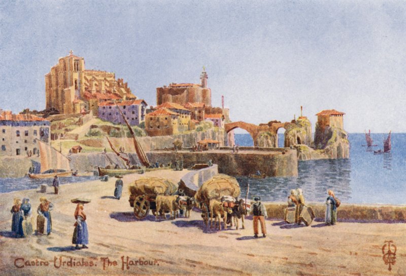 Nord-Spania: Castro Urdiales, Havnen (farge litho) av Edgar T. A. Wigram