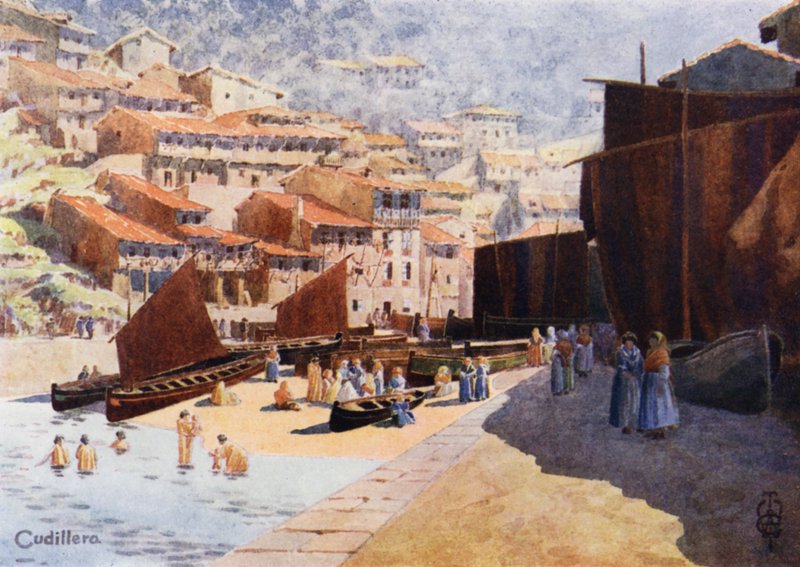 Nord-Spania: Cudillero, The Harbour (farge litho) av Edgar T. A. Wigram