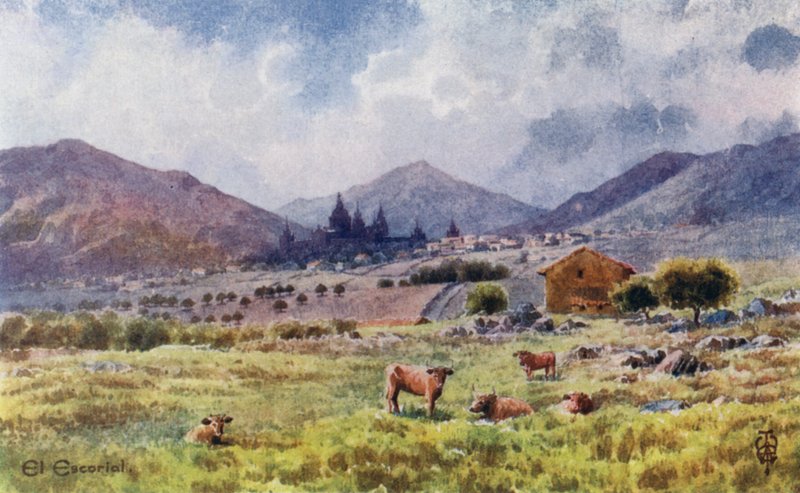 Nord-Spania: Escorial, fra øst (farge litho) av Edgar T. A. Wigram