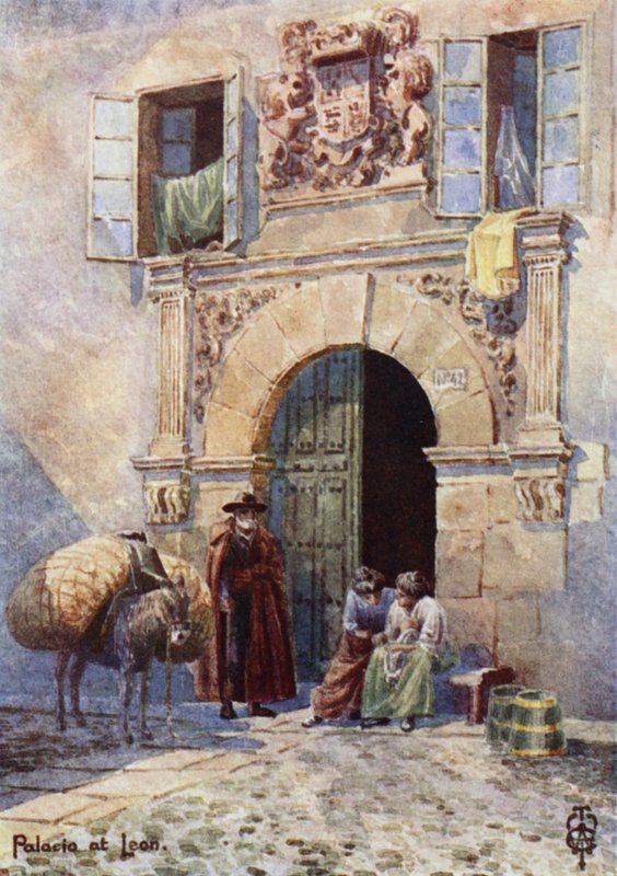 Nord-Spania: Leon, An Old Palace Doorway (farge litho) av Edgar T. A. Wigram