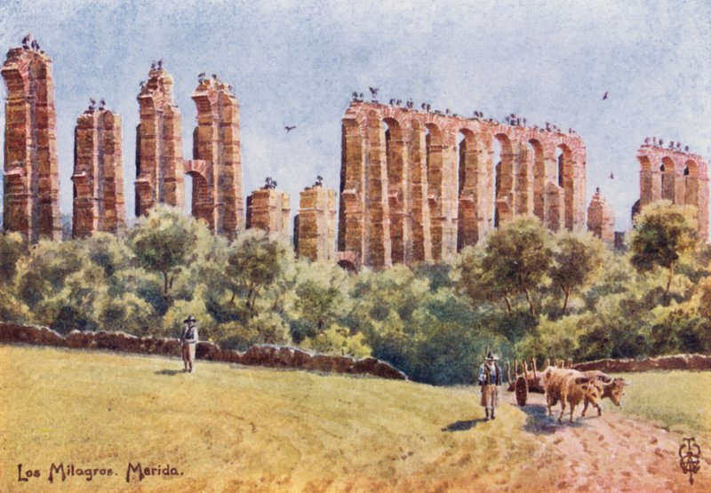 Nord-Spania: Merida, "Los Milagros," ruinene av den store akvedukten (farge litho) av Edgar T. A. Wigram
