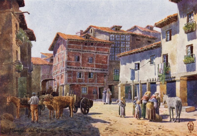 Nord-Spania: Miranda del Ebro, A Corner in the Town (farge litho) av Edgar T. A. Wigram