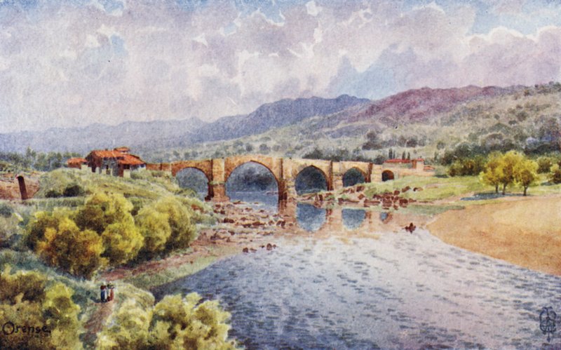 Nord-Spania: Orense, Broen over Mino (farge litho) av Edgar T. A. Wigram