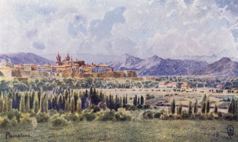 Nord-Spania: Pamplona, Fra veien til grensen (farge litho) av Edgar T. A. Wigram