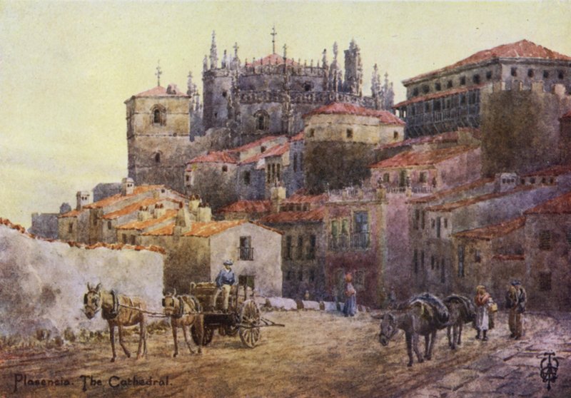 Nord-Spania: Plasencia, bymurene og katedralen (farge litho) av Edgar T. A. Wigram