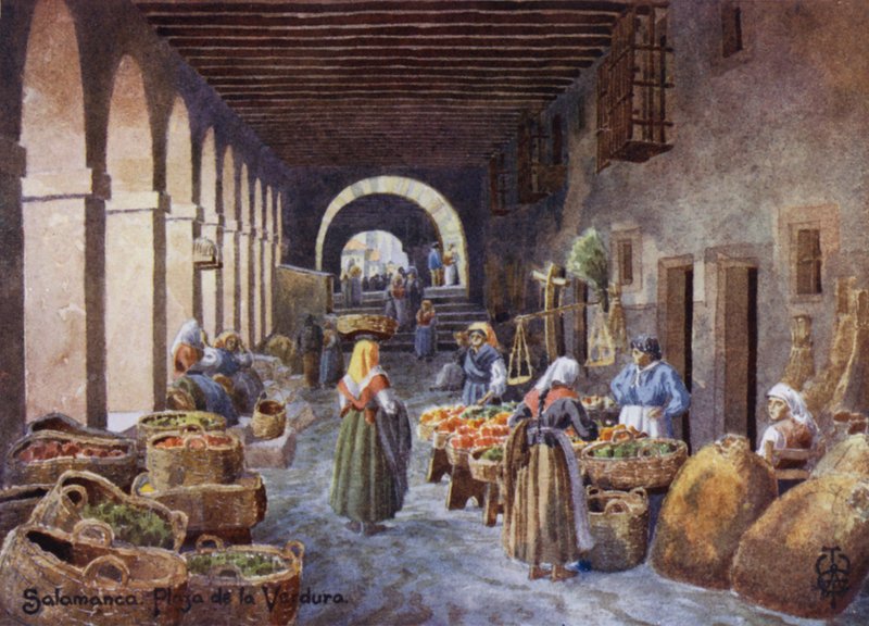 Nord-Spania: Salamanca, arkader på Plaza de la Verdura (farge litho) av Edgar T. A. Wigram