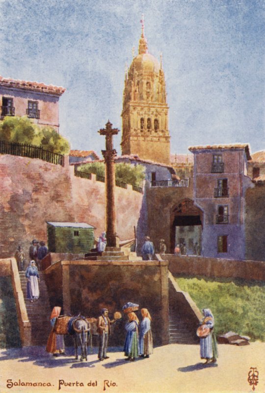 Nord-Spania: Salamanca, Puerta del Rio, med katedraltårnet (farge litho) av Edgar T. A. Wigram