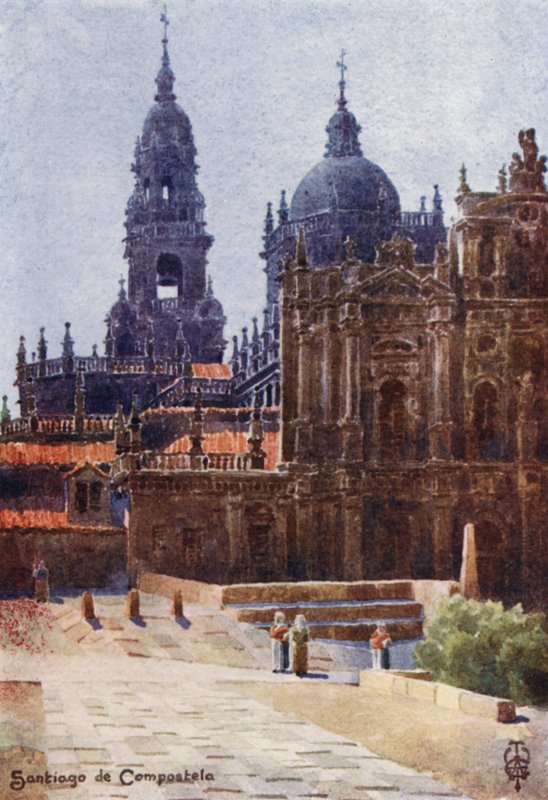 Nord-Spania: Santiago de Compostela, katedralen fra nordøst (farge litho) av Edgar T. A. Wigram