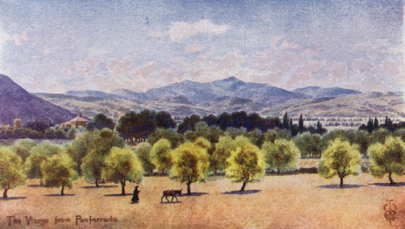 Nord-Spania: Vierzo, fra Ponferrada, ser mot passet Piedrafita (farge litho) av Edgar T. A. Wigram