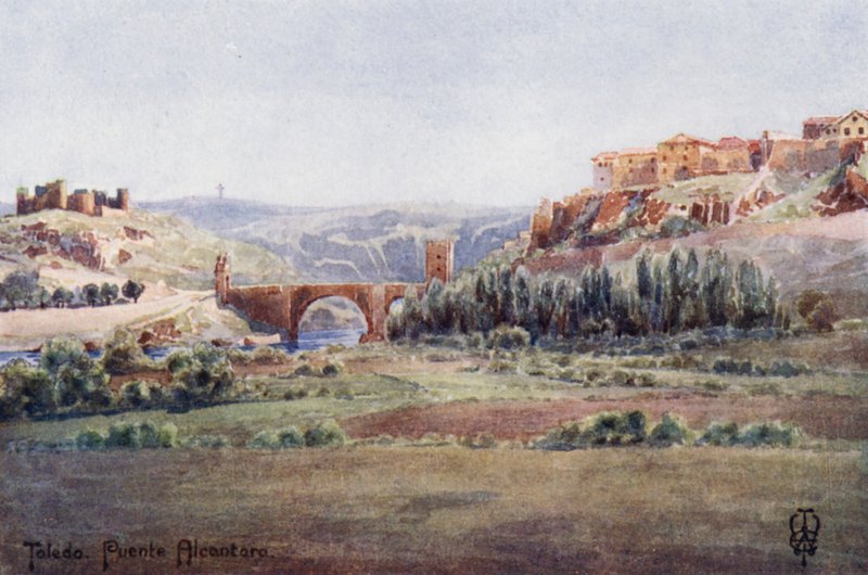 Nord-Spania: Toledo, Alcantara-broen, fra Illescas-veien (farge litho) av Edgar T. A. Wigram