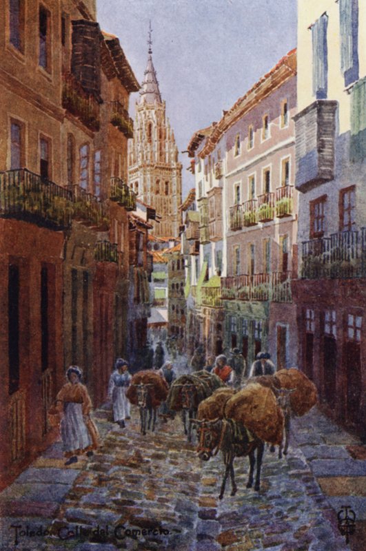 Nord-Spania: Toledo, Calle del Comercio, med katedraltårnet (farge litho) av Edgar T. A. Wigram