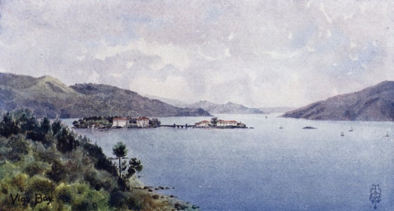 Nord-Spania: Vigo Bay, Den indre havn, med utsikt mot havet (farge litho) av Edgar T. A. Wigram