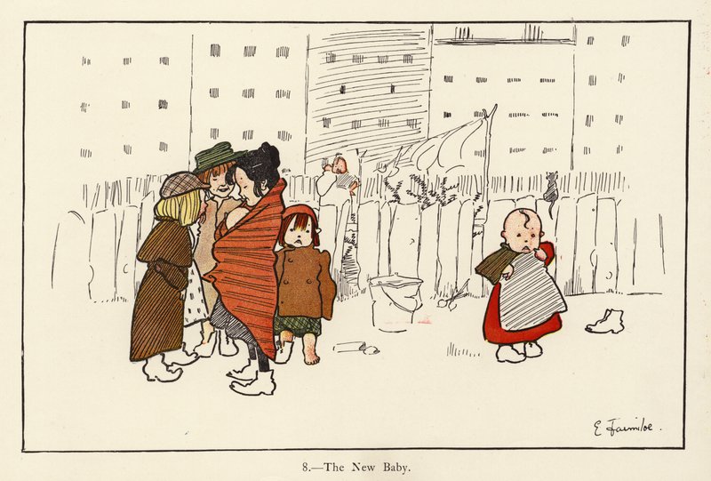 A New Baby (farge litho) av Edith Farmiloe