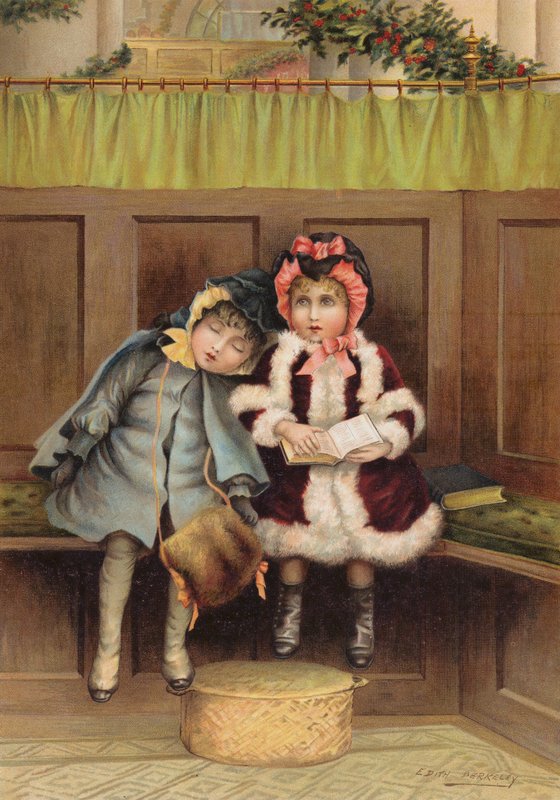 To jenter i kirken julemorgen (chromolitho) av Edith S. Berkeley
