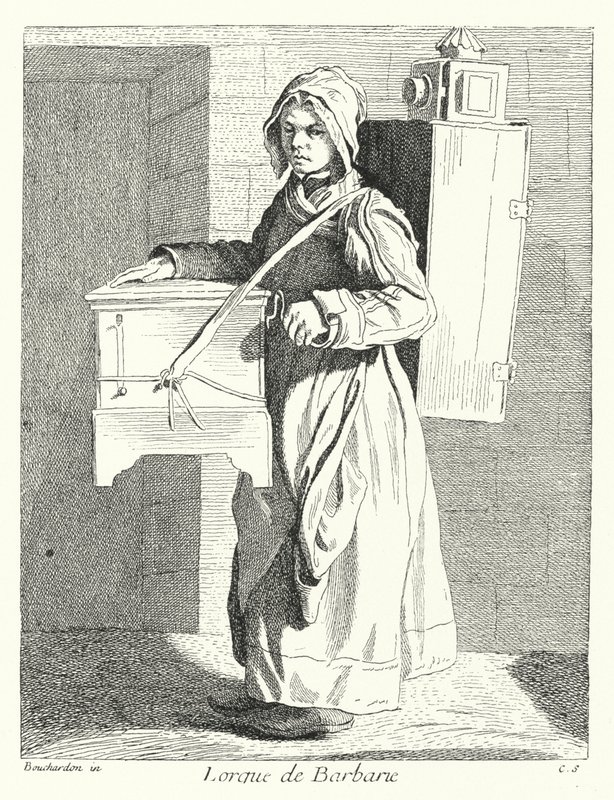 Tønneorgelspiller (gravering) av Edmé (after) Bouchardon